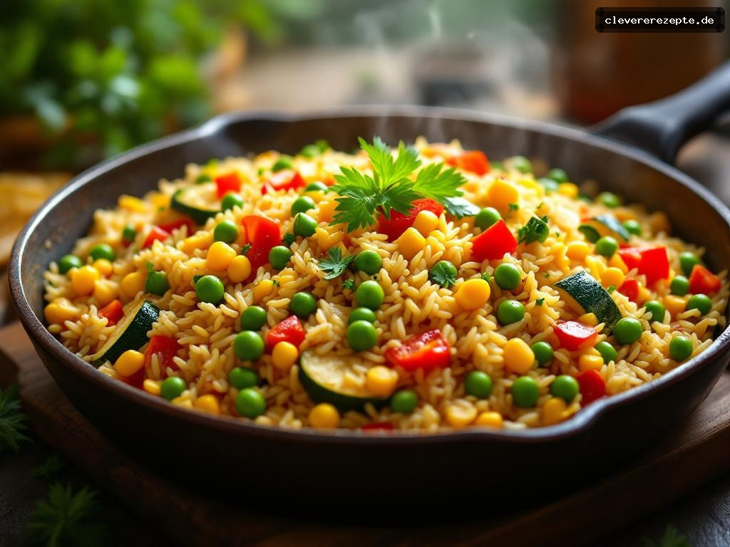 Regenbogen-Reispfanne mit Erbsen und Mais