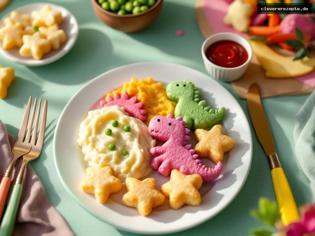 Bunte Dino-Nuggets mit Kartoffelstern-Beilage