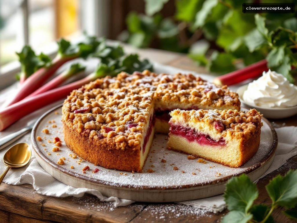 Klassischer Rhabarberkuchen mit Streuseln
