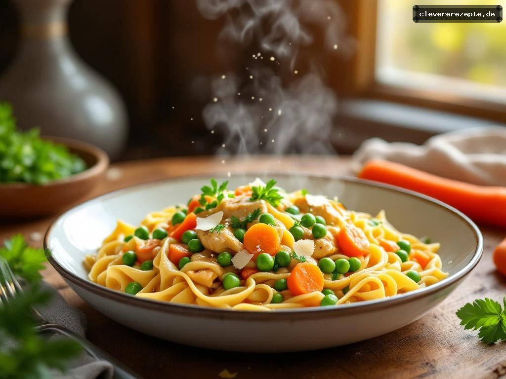 Frühlingshafte Hähnchen-Nudelpfanne mit Erbsen und Möhren