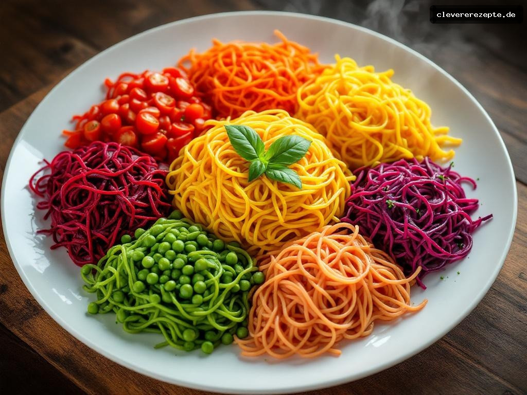 Bunte Regenbogen-Nudeln mit verstecktem Gemüse