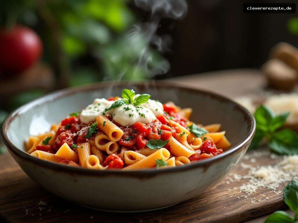 Frühlingsliche Pasta mit Rhabarber-Tomaten-Sugo & Ricotta