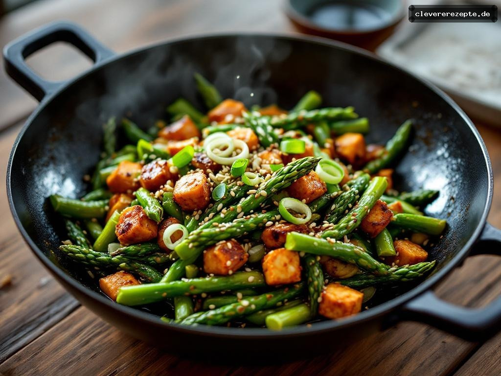 Grüner Spargel-Tempeh-Wok mit Sesam-Ingwer-Sauce