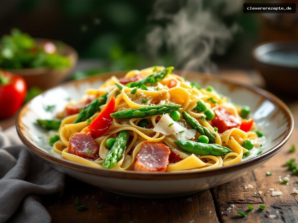 Frühlingsgemüse-Pasta mit Schmand & Schinken
