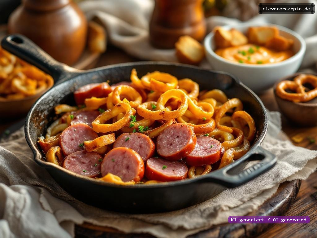 Münchner Weißwurst-Pfanne mit Brezn-Croutons