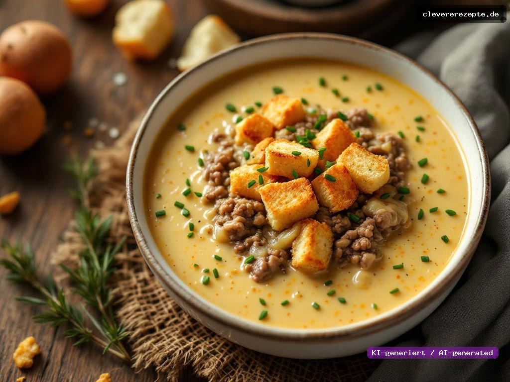 Käse-Lauch-Suppe mit Hackfleisch & Croutons