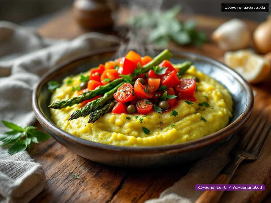 Bärlauch-Polenta mit Spargel & Tomate-Kapern-Salsa