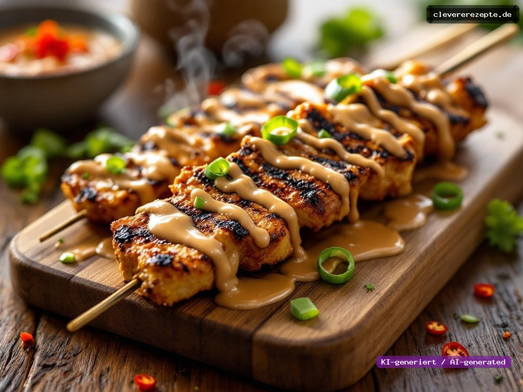 Maishähnchen-Spieße mit Erdnuss-Kokos-Sauce