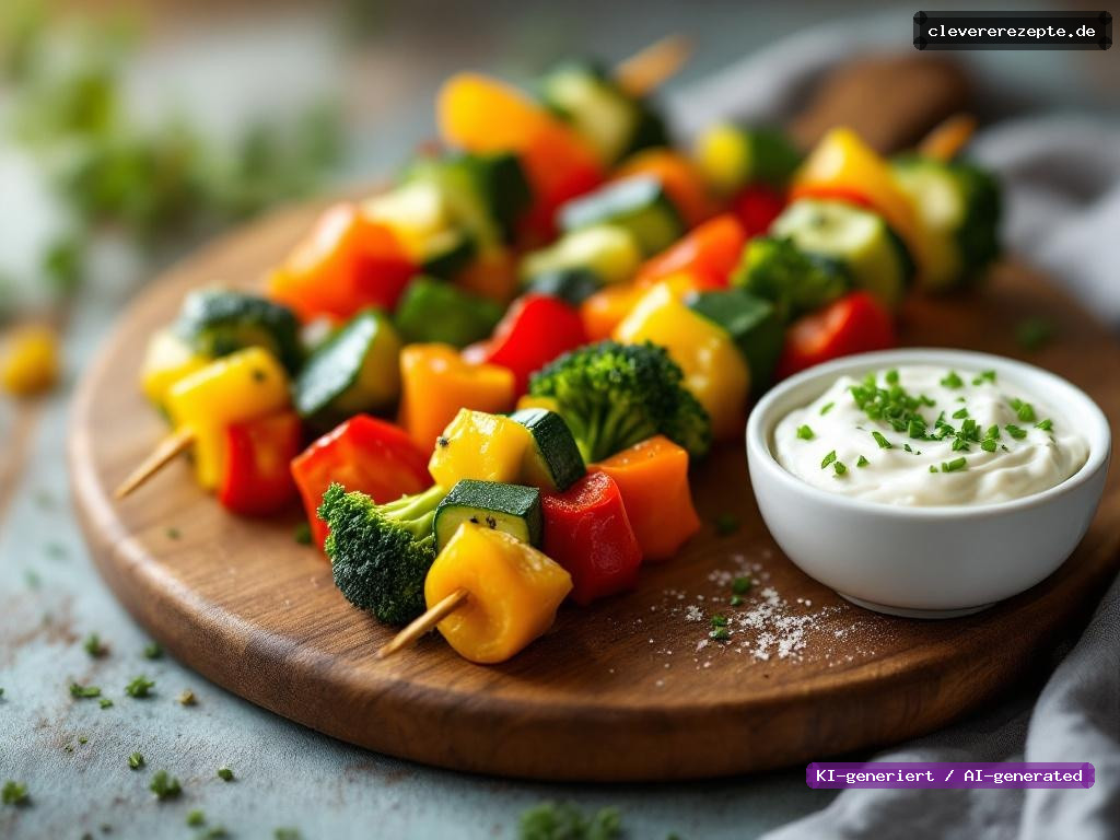 Regenbogen-Gemüsespieße mit Hüttenkäse-Dip