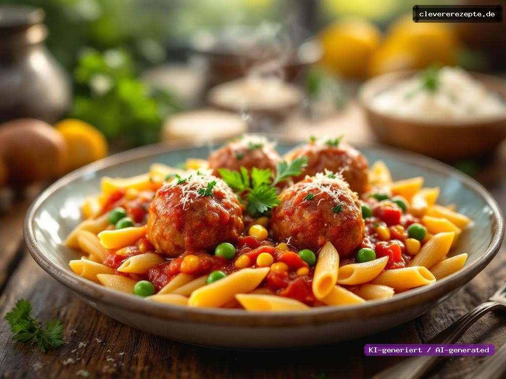 Bunte Hackbällchen in Tomatensauce mit Nudeln