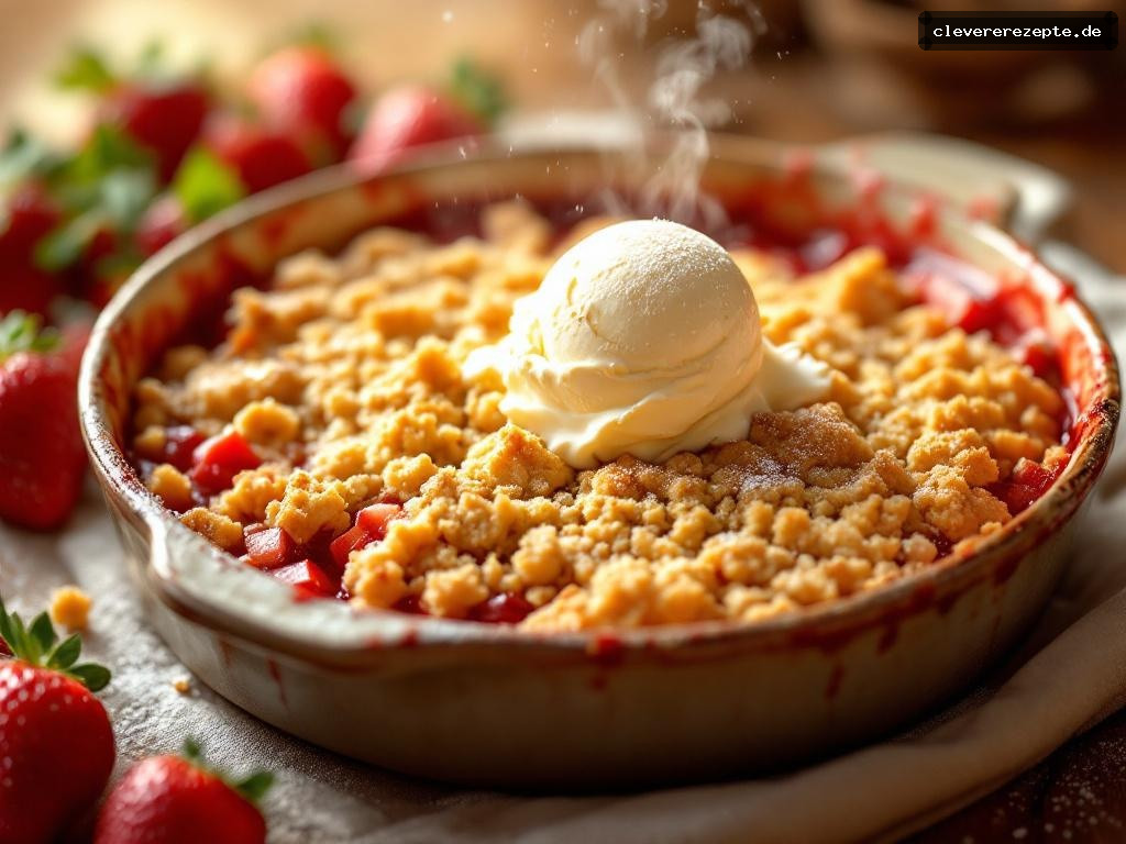 Erdbeer-Rhabarber-Crumble mit Vanilleeis