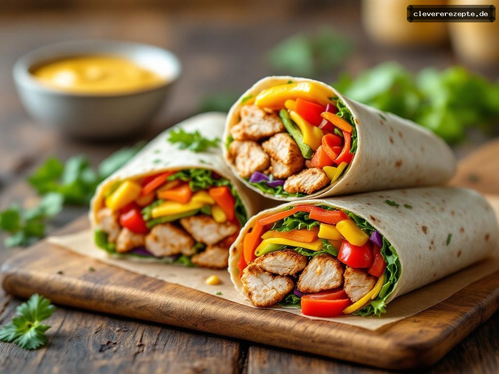Regenbogen-Wraps mit Hühnchen & Honig-Senf-Dip