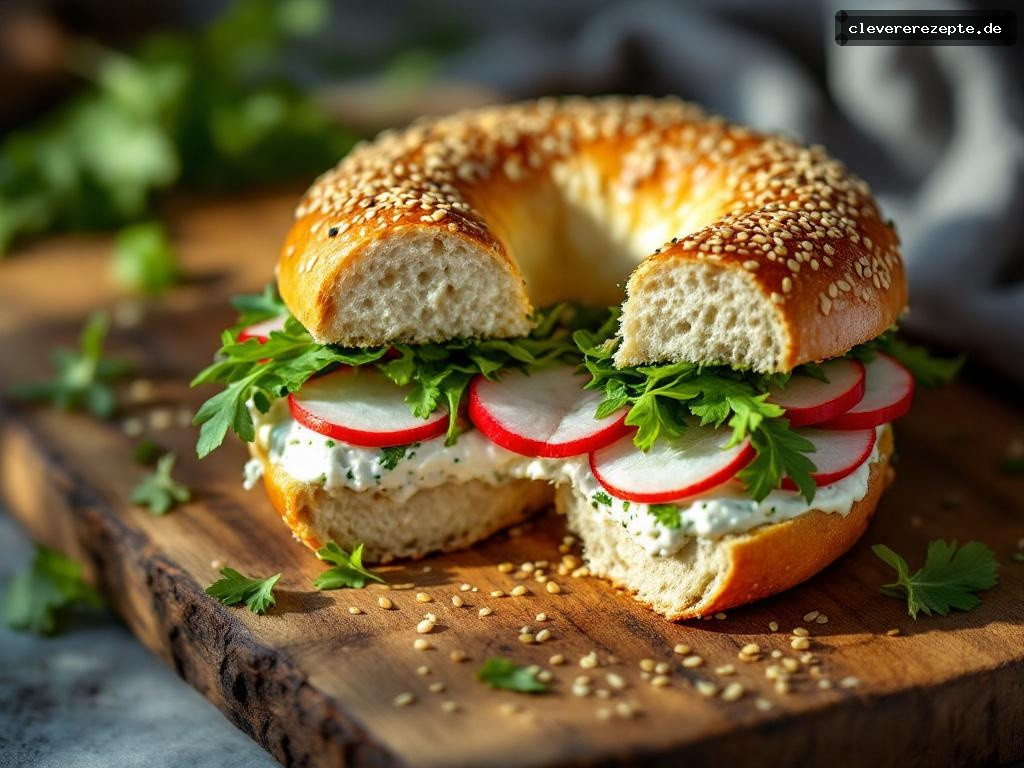 Radieschen-Kräuter-Frischkäse-Bagel mit Rucola
