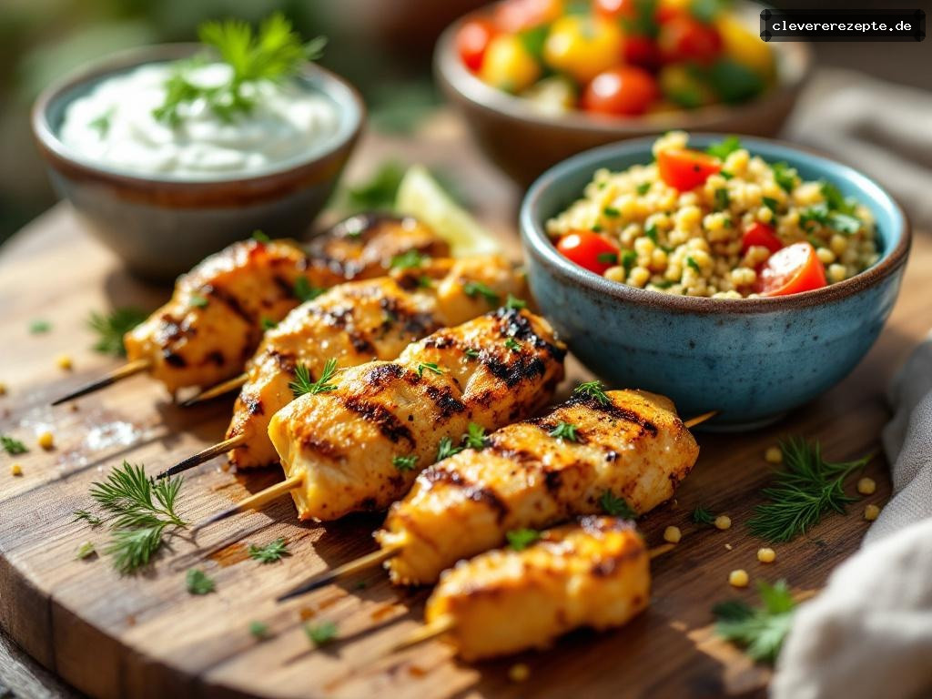 Hähnchen-Souvlaki mit Protein-Tzatziki & Quinoa-Tabbouleh