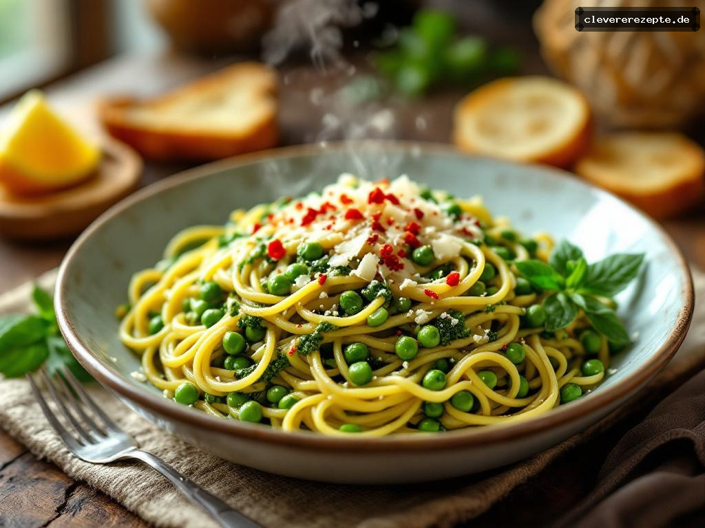 Spaghetti mit Erbsen-Pesto & geröstetem Brot