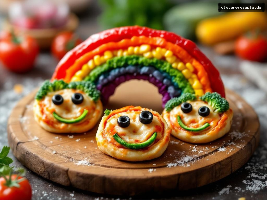 Bunte Regenbogen-Pizzabrötchen mit Gemüsegesichtern