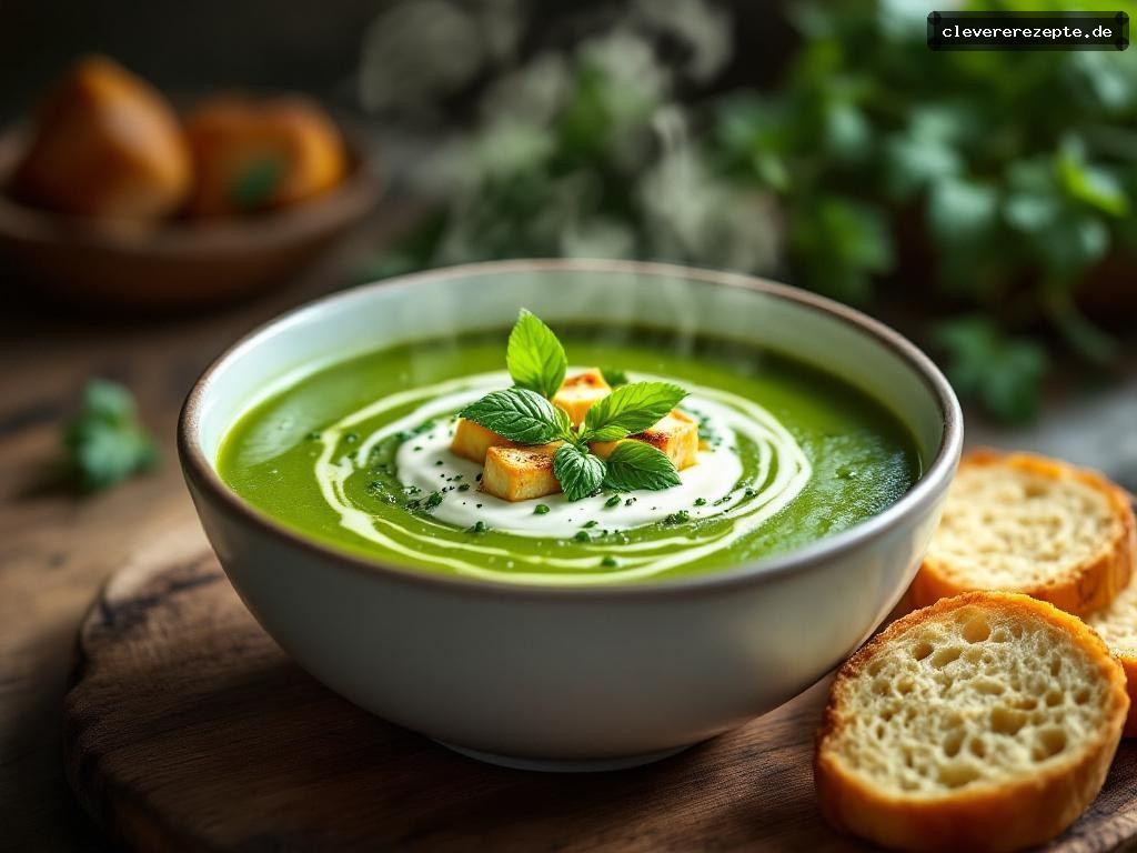 Erbsen-Minz-Suppe mit geröstetem Feta