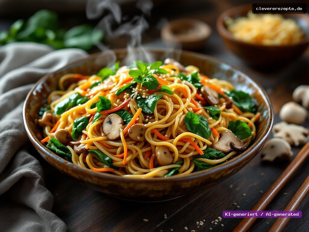 Japchae – Koreanische Glasnudeln mit Spinat & Shiitake