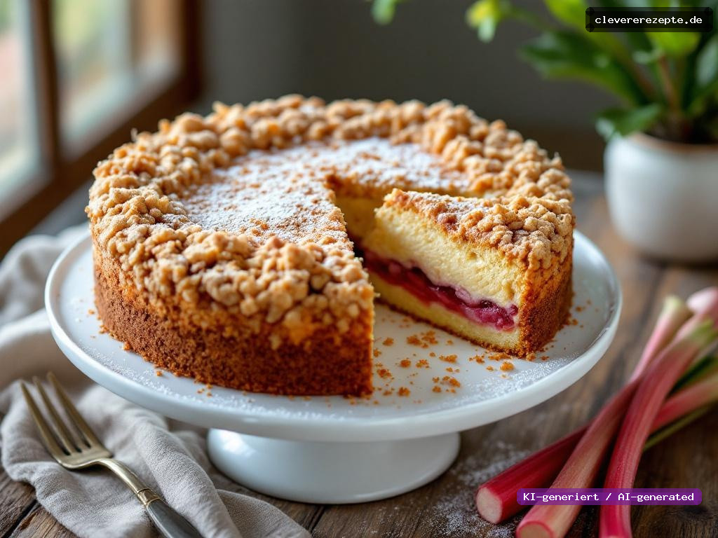Rhabarber-Streuselkuchen mit Vanillepudding