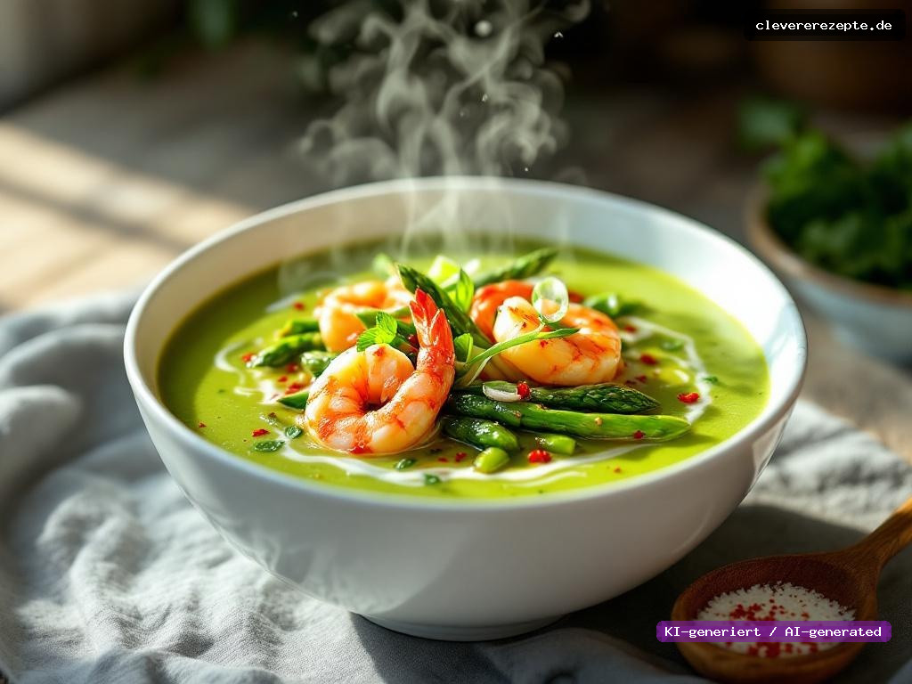 Grüne Spargelsuppe mit Kokosmilch & Ingwer-Garnelen