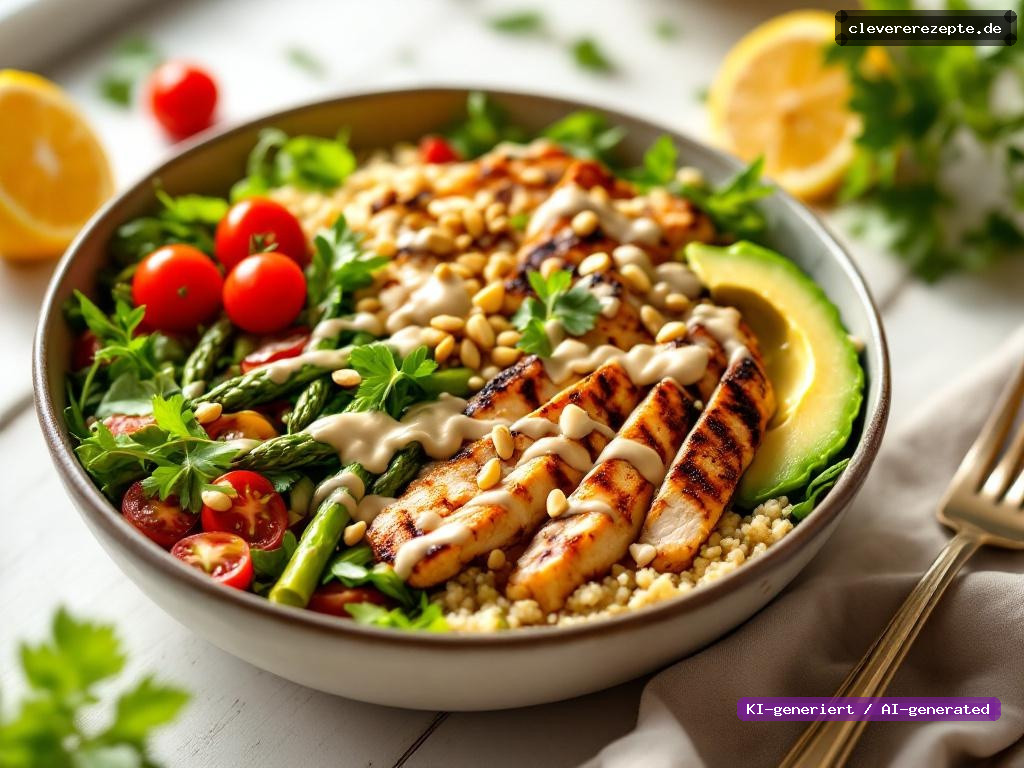 Hähnchen-Bowl mit Spargel, Quinoa & Zitronen-Tahini