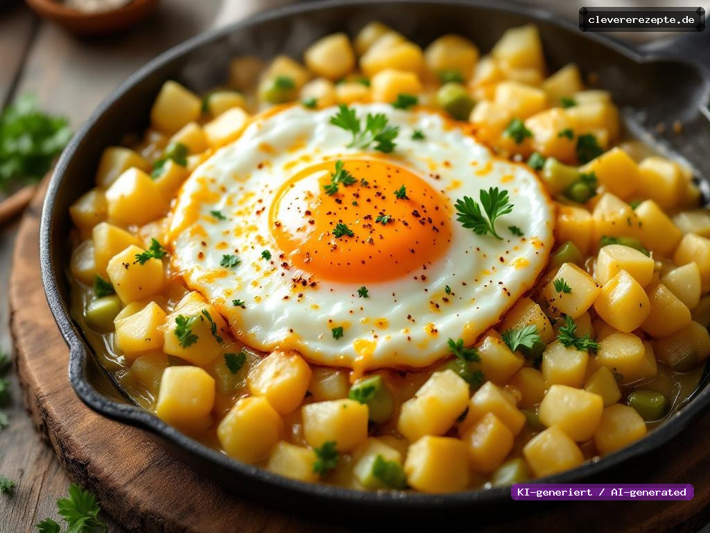 Kartoffel-Lauch-Pfanne mit Spiegelei & Käse