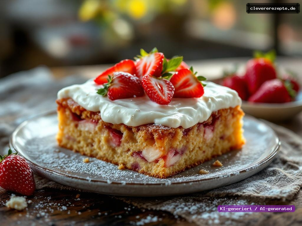 Erdbeer-Rhabarber-Blechkuchen mit Vanille-Schmand