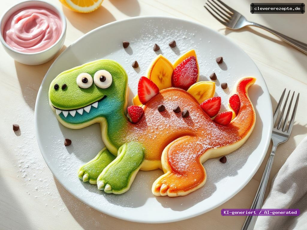 Bunte Dino-Pancakes mit Erdbeer-Joghurt-Dip