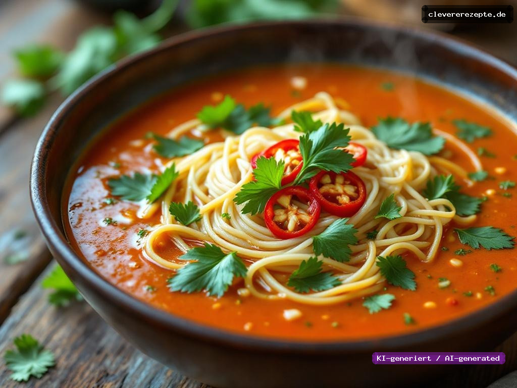 Tomaten-Kokos-Suppe mit Korianderöl & Reisnudeln