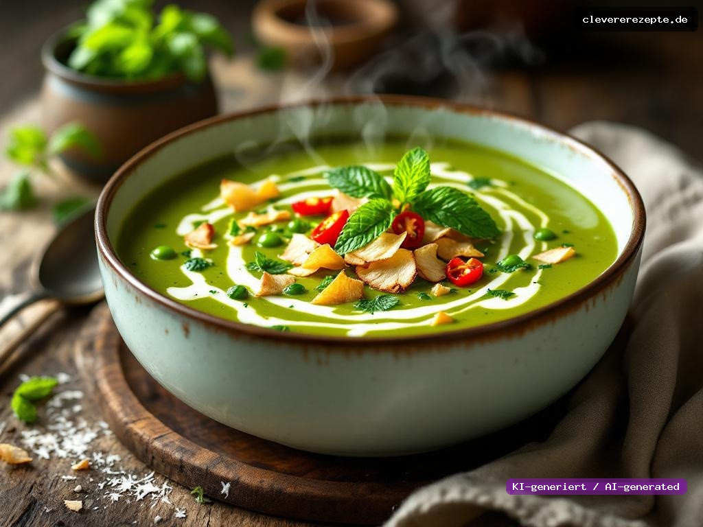 Grüne Erbsen-Kokos-Suppe mit Minzöl & Chili