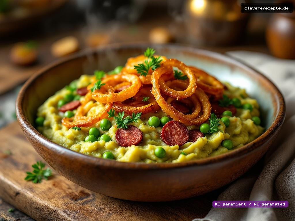 Erbsen-Kartoffelstampf mit Chorizo & Röstzwiebeln