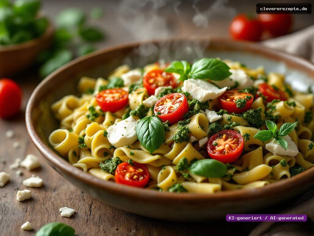 Radieschenblatt-Pesto-Rigatoni mit Tomaten
