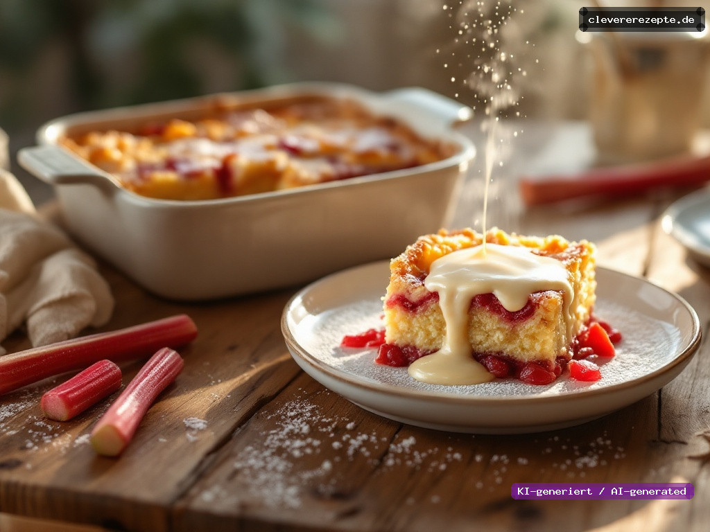 Rhabarberkompott-Grieß-Auflauf mit Vanillesauce