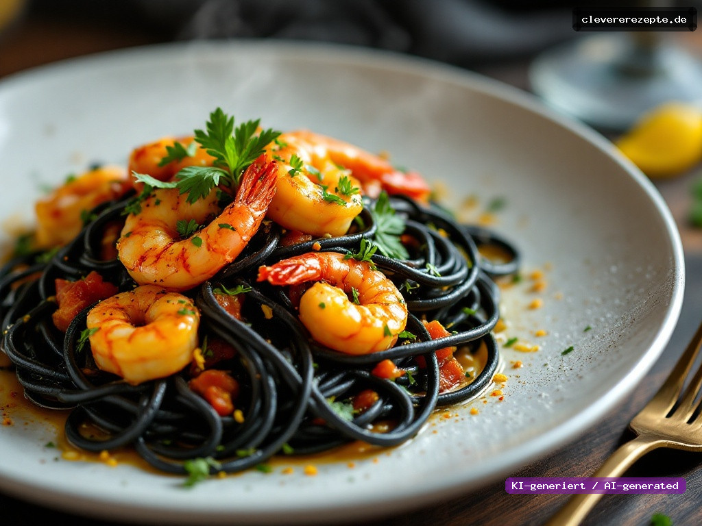 Schwarze Spaghetti mit Garnelen & Fenchel-Sugo